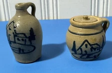 Miniature Jug and Pot w/Lid both have Blue Cottage, Artisan WP '86
