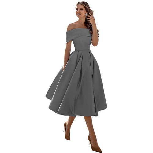 Women's Fashion Casual Strapless Satin Party Dress Off The Shoulder Tea Length S - Picture 8 of 106