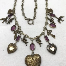 Vintage Designer Sadie Green Victorian Revival Brass & Pink Glass Beads Necklace