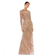 NWT Mac Duggal Mocha Hand Embellished Beaded Column Gown Size 2