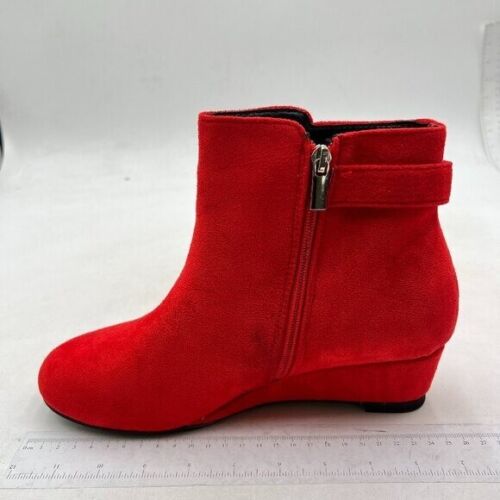 Women Winter Closed Round Toe Ankle Boots Buckle Mid Calf Wedge Low Heel Red