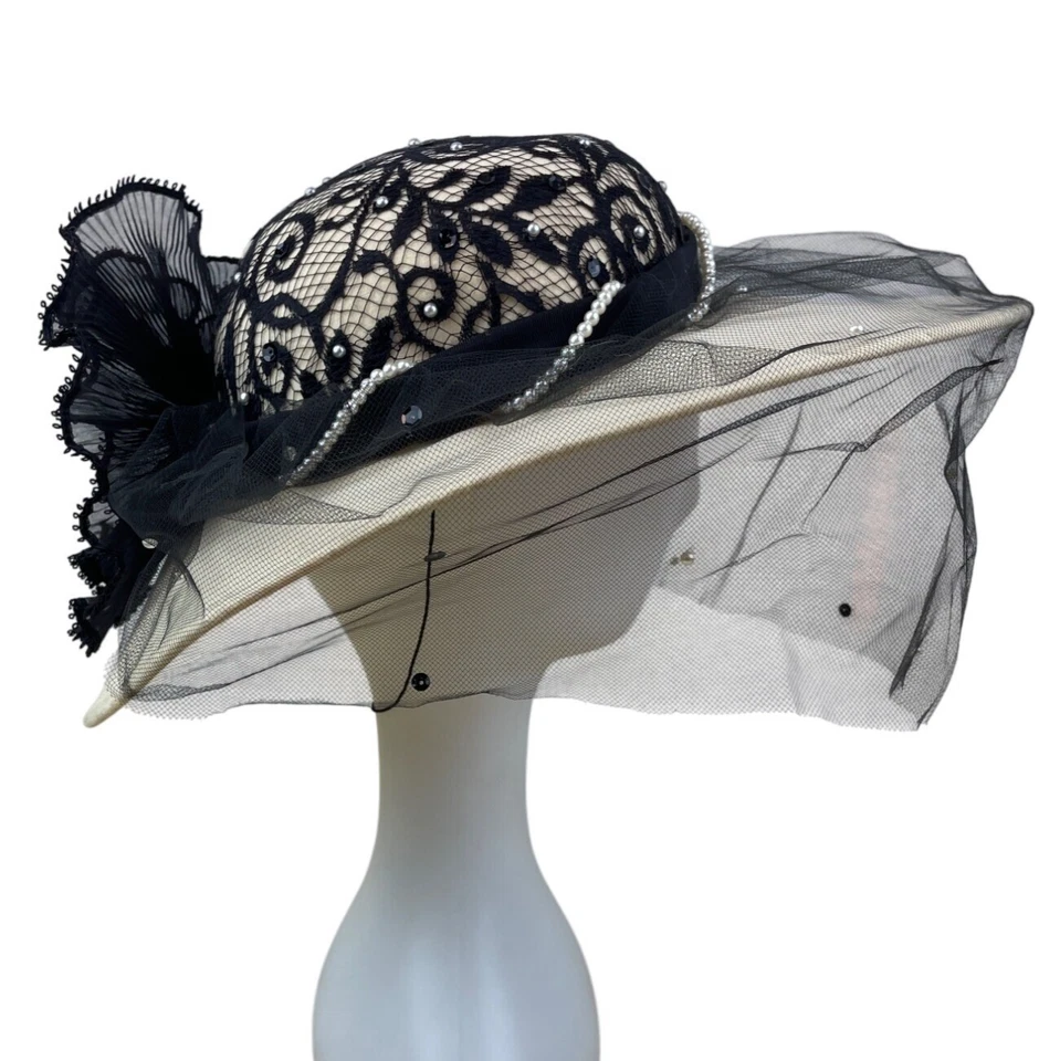 Whittall & Shon Vintage Black Lace & Pearls Wide Brim Hat Netting Floral Accent - Image 2 of 4