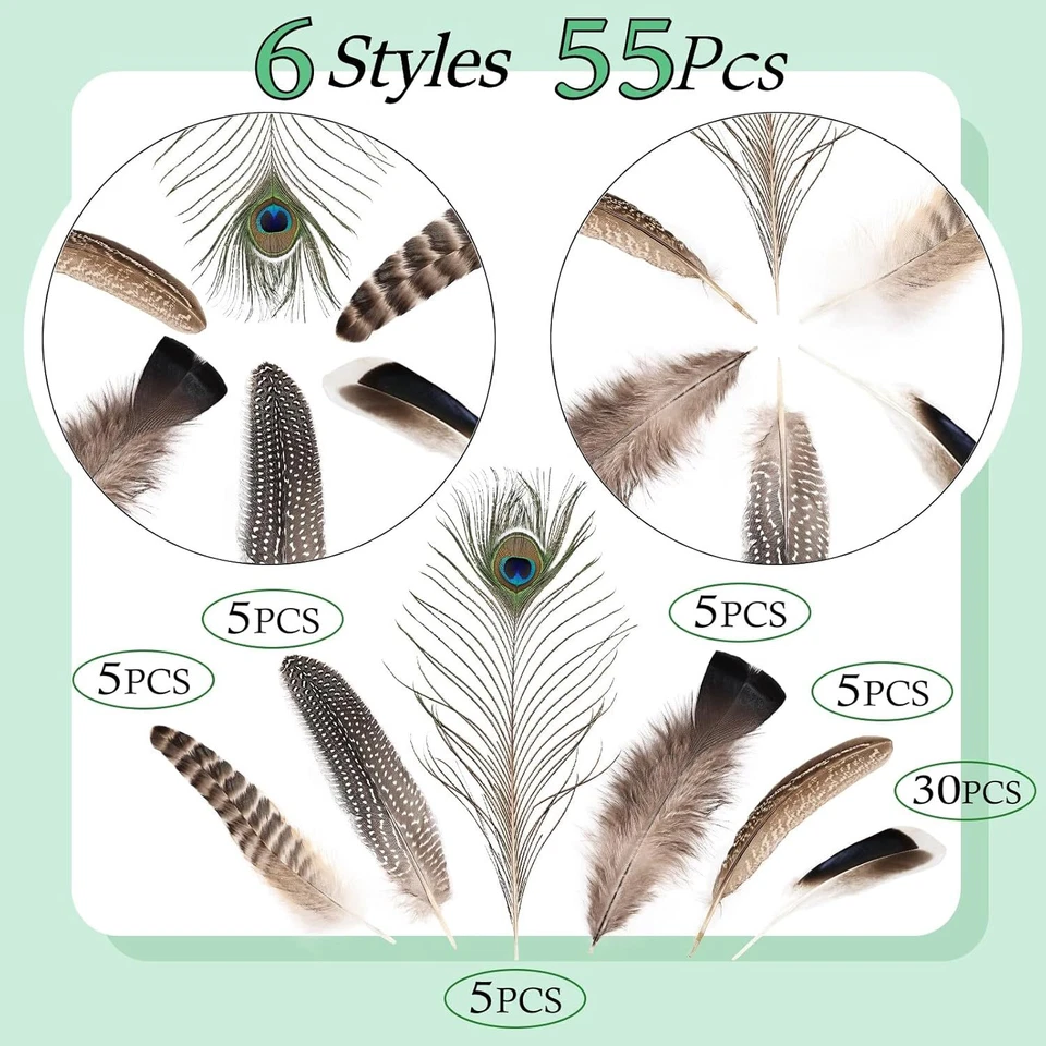Plumas naturales a granel - 55 piezas - 6 estilos plumas naturales surtidas, hazaña de pavo real Foto 3 de 4