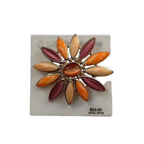LIZ CLAIBORNE Gold Tone Orange Flower Vintage Brooch Jewelry Pin Starburst Gem b - Picture 2 of 9