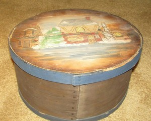 Antique Primitive Round Wood Cheese Box With Handmade Folk Art