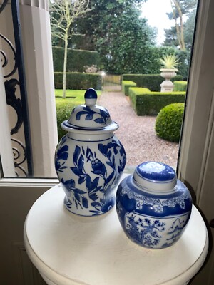 Konvolut x2 Ingwer Gläser Tempel Mandarine Chinoiserie Chinesisch Paar Blau Wie Oka.