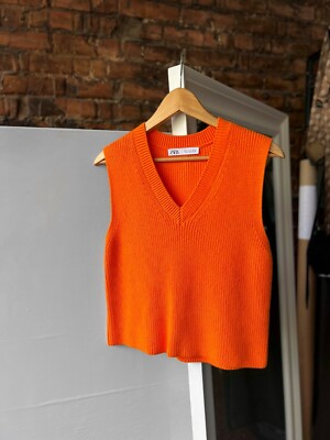 Zara Women’s Sleeveless Orange Ribbed Knit Vest Top Streetwear Style Size  S