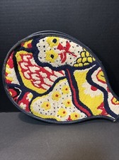Vintage Needlepoint Tennis Racket Cover Red Navy Yellow - Some Canvas Shows