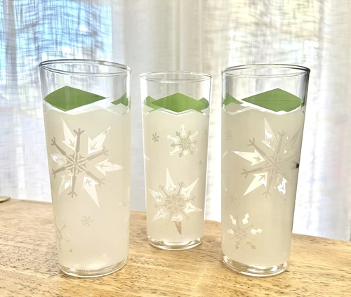 Vtg Anchor Hocking Atomic Frosted Snowflake Green White Tumbler Glass Set Of 3