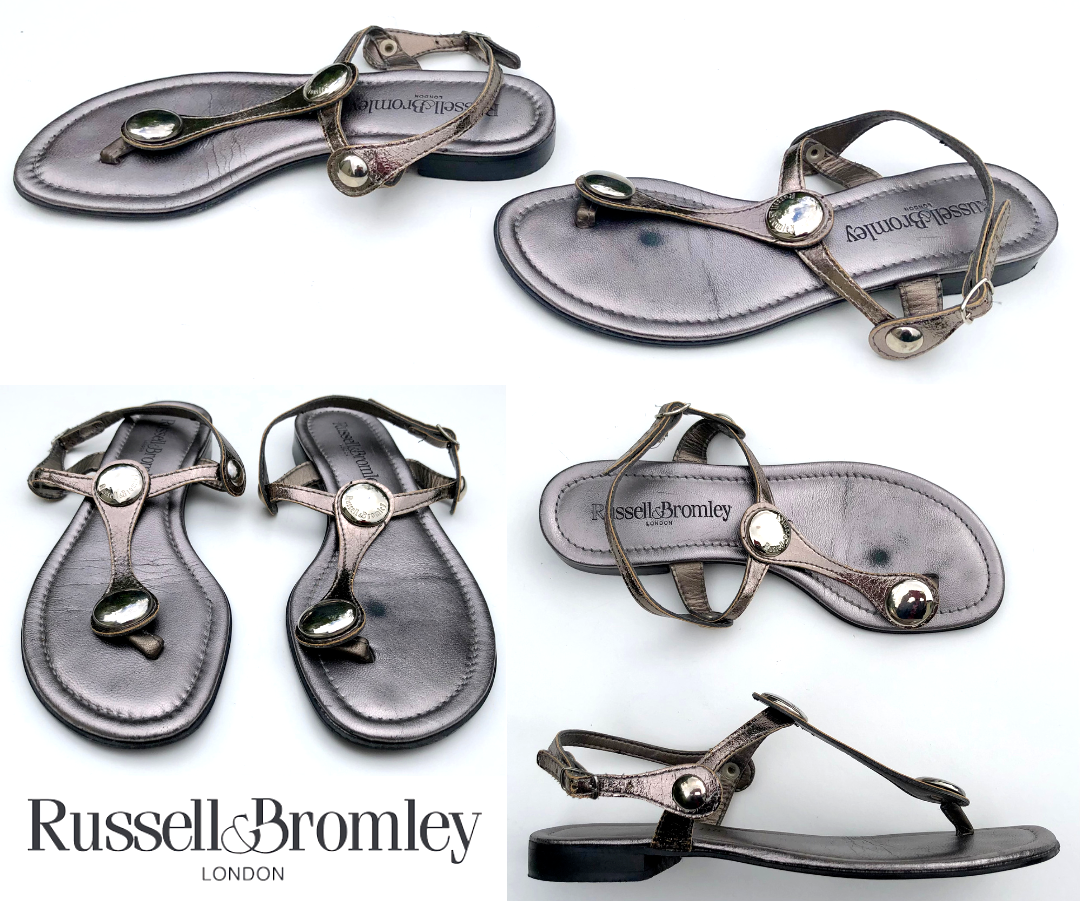 Russell Bromley Lauren Disc Trim Thong Sandals, PEWTER Leather