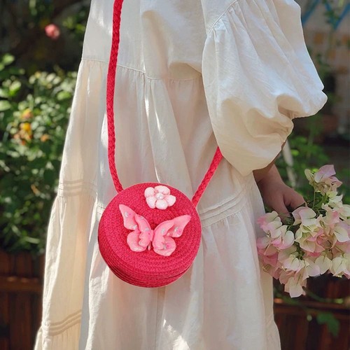 Round Shape Kids Straw Bag Butterfly Flower Shoulder Bag for Children Girls - Picture 3 of 17