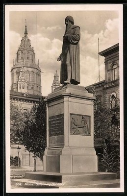 Mainz, Gutenberg-Denkmal m. Dom, Ansichtskarte 
