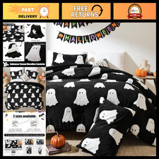 Spooky Black Ghost Halloween Comforter Set - Fleece Queen Bedding for Fall Decor