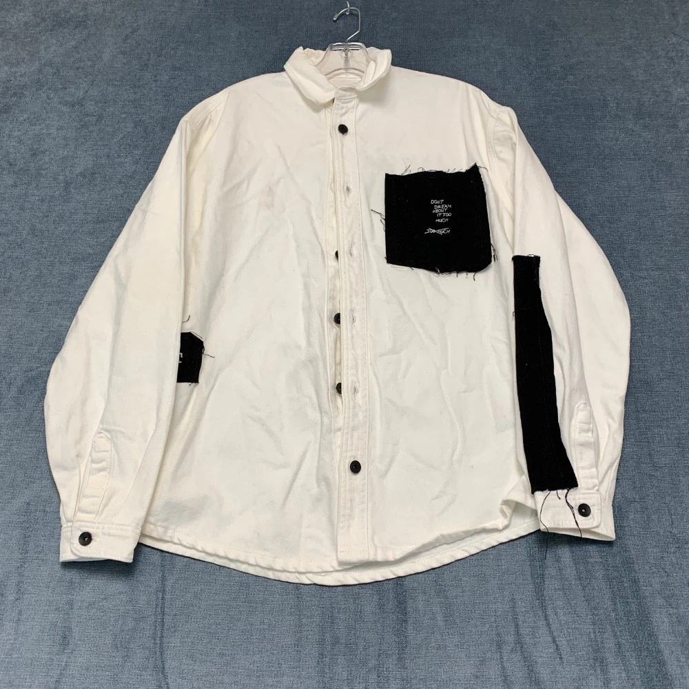 Vintage Zara Punk Motive Denim Jacket Mens Small White Black Button Up Retro Y2K