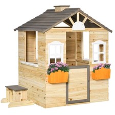 Outsunny Wooden Kids Playhouse for 3-7 Year Olds, Natural Wood
