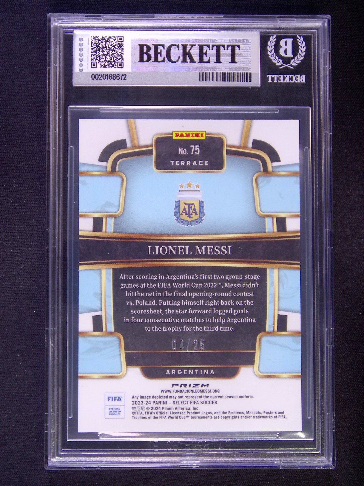 2023-24 Panini Select FIFA Lionel Messi #75 Terrace Zebra Prizm /25 BGS 9 view 2