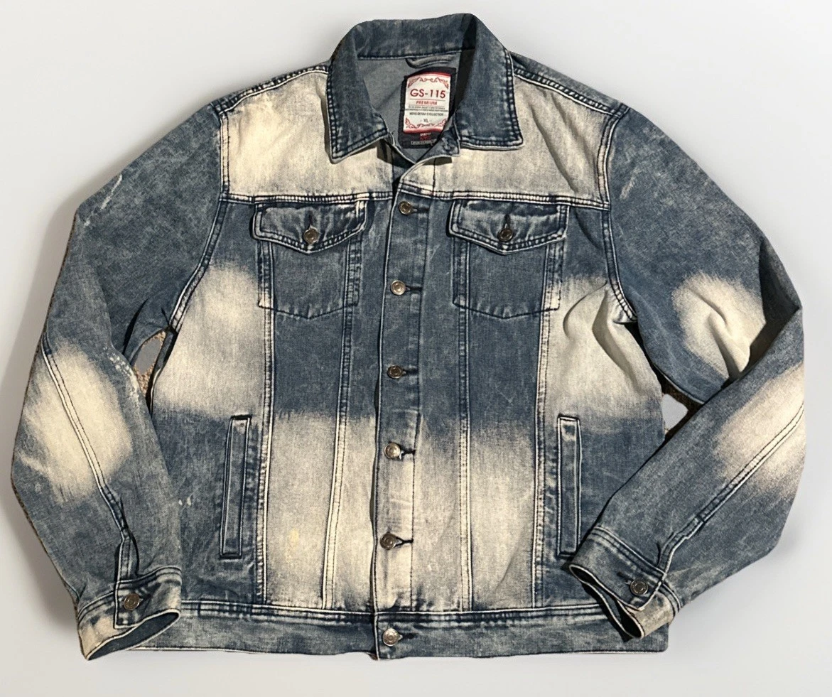 GS-115 Premium Denim Jacket Mens Size XL Buttons Acid Washed Blue Trucker Style