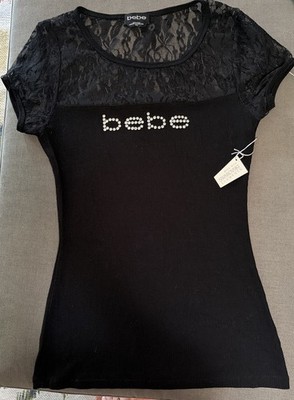 BEBE  black lace short sleeve stretch top -M Swarvoski crystal NwoT