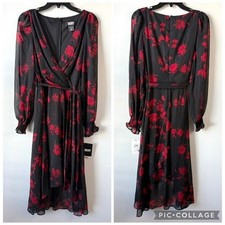 DKNY Floral Long Sleeve Faux Wrap Dress Black Red Metallic 6