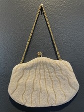 Vintage La Regale Pearl Beaded Evening Clutch with Bugle Bead Scroll Design
