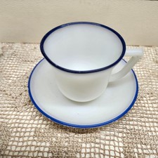 Vintage Children's Teacup and Saucer Set Hazel Atlas Milk Glass Blue Rim