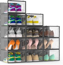 12 Pack Large Clear Stackable Shoe Storage Boxes with Lids Closet Organizer
