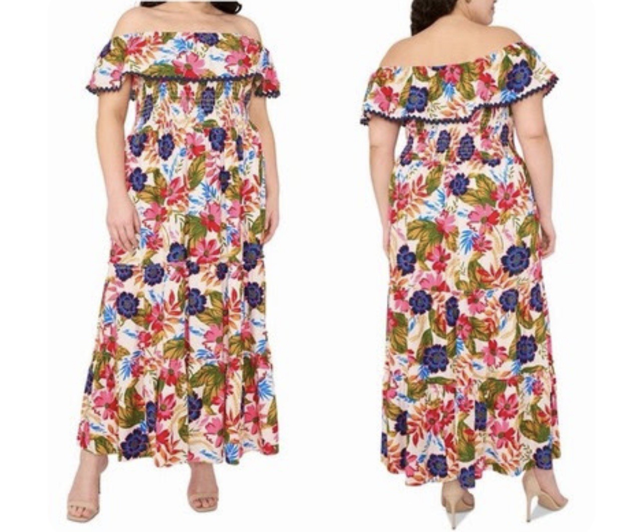 MSK Womens Plus Size Floral Off-the-Shoulder Smocked Maxi Dress New Pink 3X