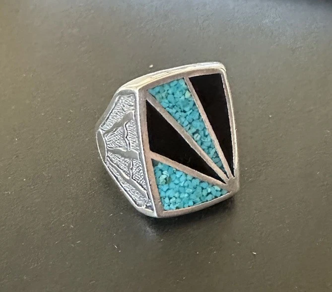 G&S Vintage Skater Biker Southwestern Silver Inlay Onyx, Turquoise Ring Size 10 - Image 2 of 4