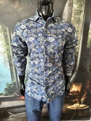 Emanuel Berg LS Off Blue Floral Print Dress Shirt Size Large 16 1/2 (42) Mint!