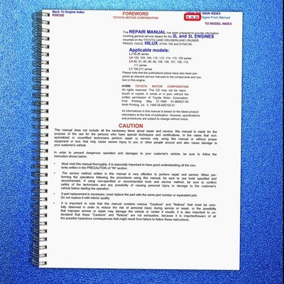 TOYOTA 2L 3L Diesel Engine Repair Manual 1999, EXTRA-DUTY BINDER, TOUGH COVERING