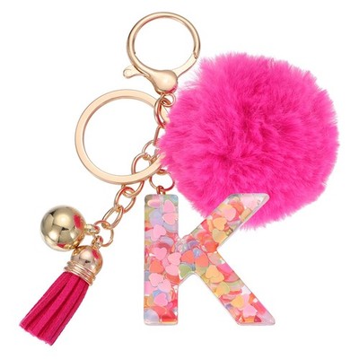 Alphabet Initial Letter Keychain Letter-K Cute Heart Resin Keyrings Deep Pink
