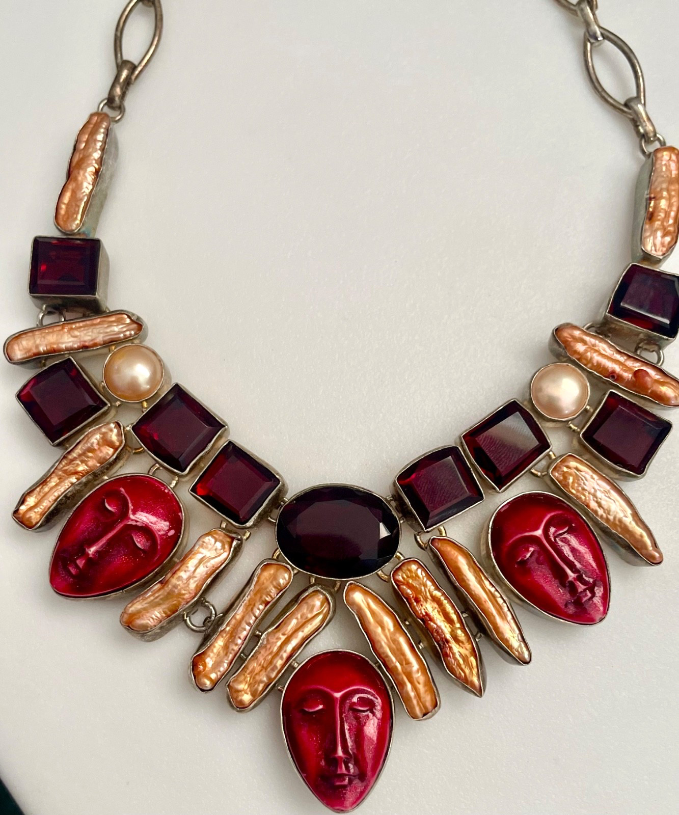 Artisan Silver Plated Statement Necklace Red Crys… - image 1