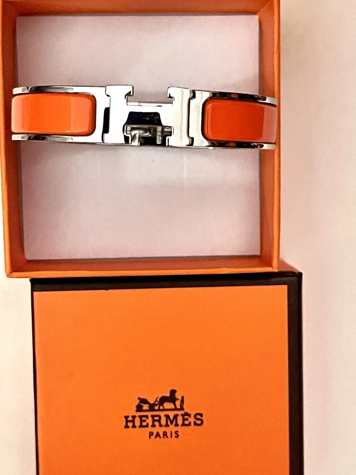 Bracelet Hermès Clic H- Émaillé Orange/argenté- État Neuf - Taille GM Authentic - Photo 4/4