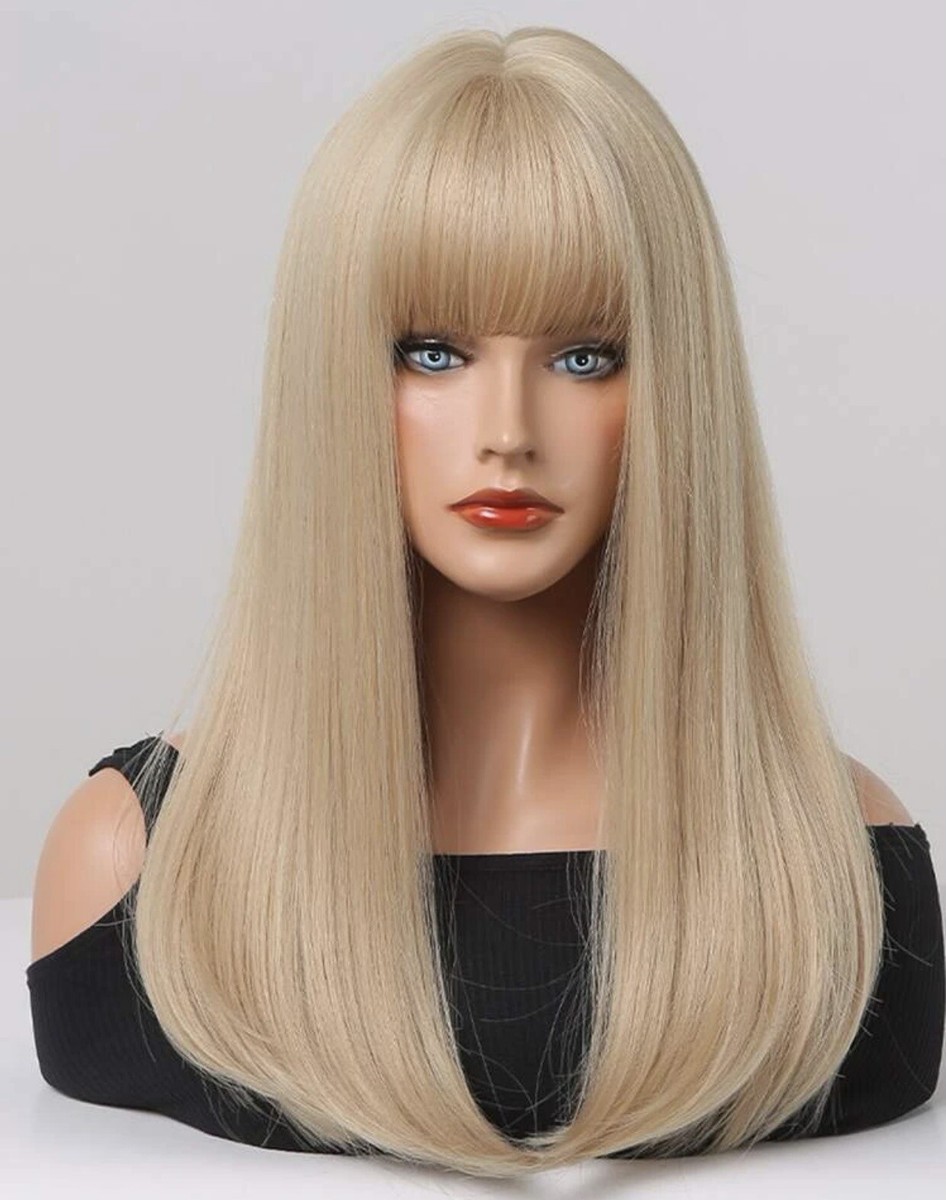 Perruque Synthétique Blonde Dorée, Longue Et Droite Avec Frange - Taille Moyenne, Bonnet Offert