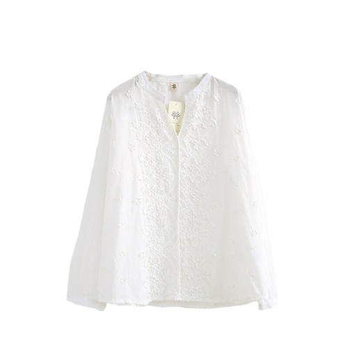 Lady V-neck Cotton Shirts Foral Embroidery Casual Tops Long Sleeve Blouses Basic - Picture 3 of 10