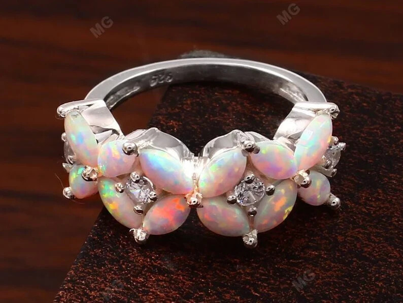Marquise Opal Floral Wedding Band Engagement Ring in 925 Sterling Silver-image