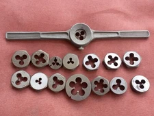 Lot of 15 Miscellaneous Machinist Hex Rethreading Dies + Handle