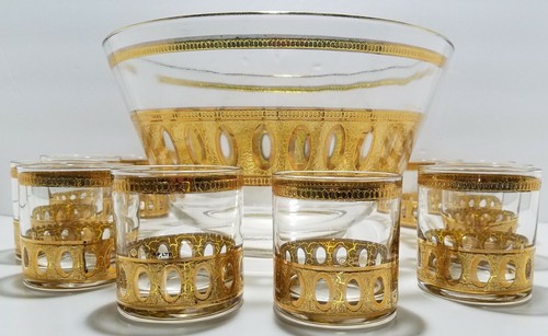 MCM CULVER ANTIQUE TUMBLER 10 ROCK GLASSES ICE BUCKET 22K GOLD COCKTAIL - Picture 2 of 8