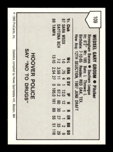 1989 Procards #109 Buddy Groom NM Near Mint BXCP08 - Picture 2 of 2