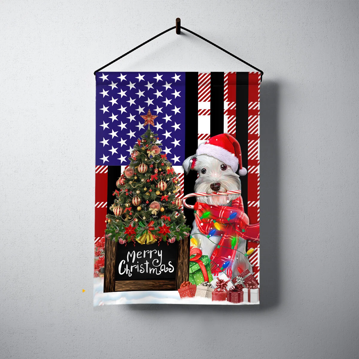 Miniature Schnauzer Dog Merry Christmas Flag, Schnauzer Dog Christmas Tree Flag