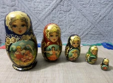Russian Matryoshka Fairytales 6.5" Nesting Dolls Hand Painted Blue Gold Set of 5
