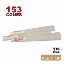 RAW 153 Organic 1 1/4 Cones, Pure Hemp 1.25 84mm Pre Rolled, W Gallery Box
