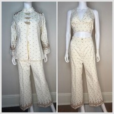 Vtg 1970s 3 Piece Pant Suit Flocked Floral Border Print Halter Top Asian 70s Set