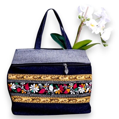 Handgefertigte Denim Beuteltasche Tasche 3 Reißverschluss Blumen bestickt Handtasche für Frauen