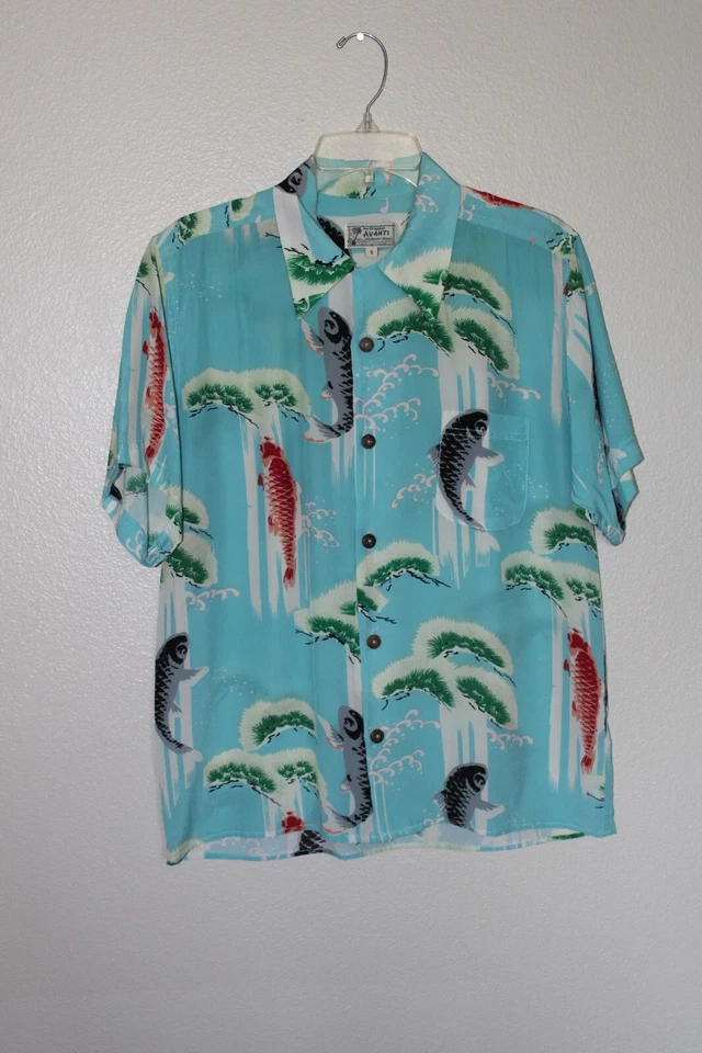 Camisa Hawaiana Avanti Seda Cuello Lazo Para Hombres S Koi Carpa Pez Bolsillo Rara Foto 2 de 4