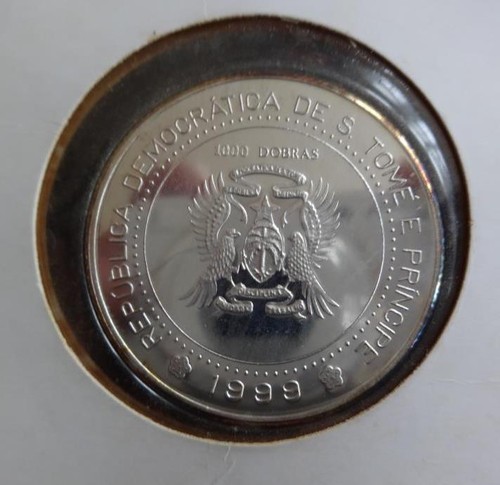 1999 SILVER PROOF ST THOMAS & PRINCE ISLANDS 1000 DOBRAS CLOCK COIN MILLENNIUM - Picture 2 of 4