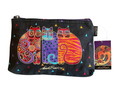 LAUREL BURCH Feline Friends Colorful Painted Cats Black Canvas Make-Up Bag NEW