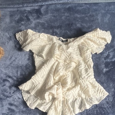 Zara Damen Bluse Tunika S Weiß Kurzarm aus Baumwolle mit Rüschen