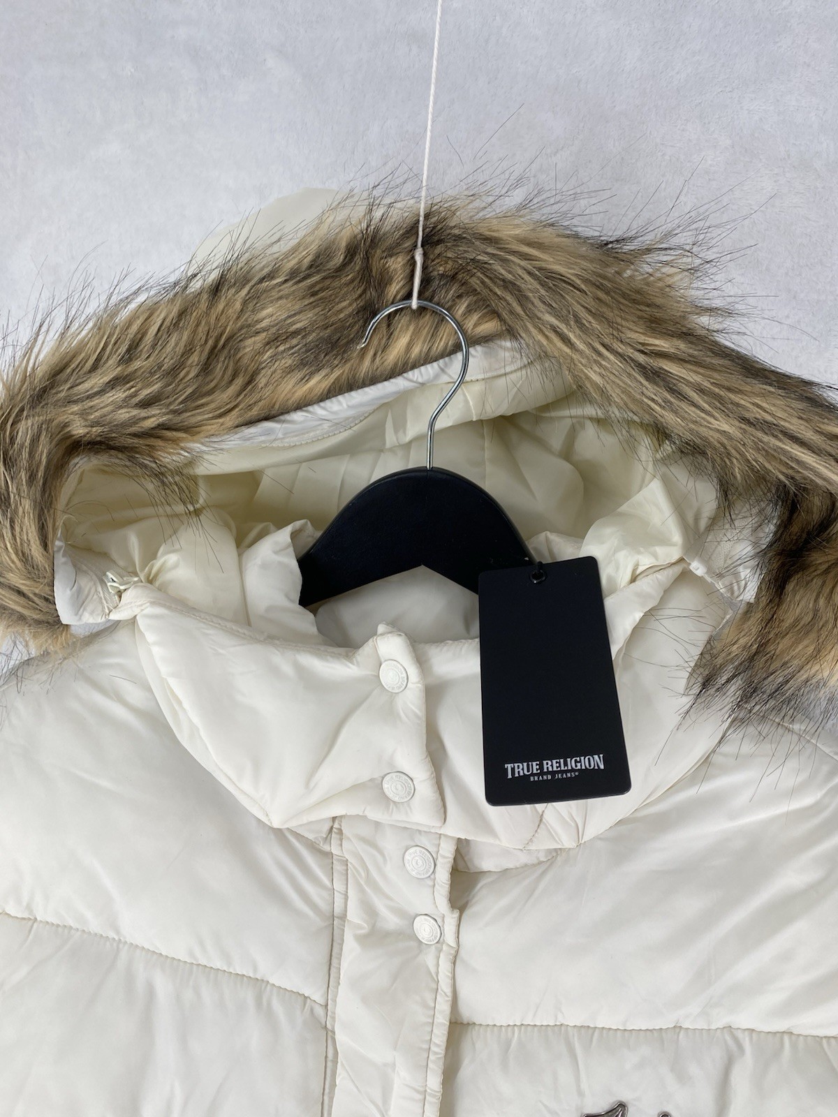 True Religion Jacket Women Large Winter White Fur Lined Hooded Puffer Parka $299 thumbnail 4