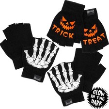Kreepsville 666 Fingerless Gloves Skeleton Trick or Treat Glow in Dark Goth Punk
